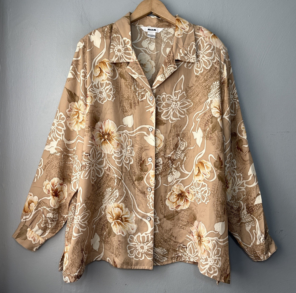 Alia Button Up Shirt Plus Size 20W Brown Floral Cottagecore Grandma Shabby Chic